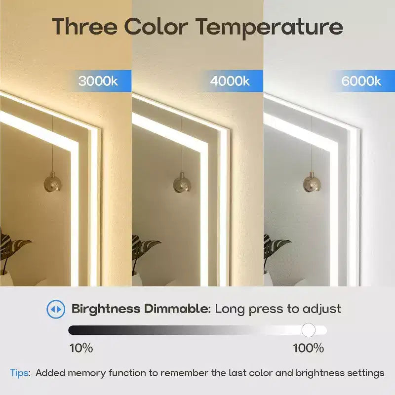 Miroir LED de salle de bain avec fonction anti-buée, 3 couleurs dimmables, fonction mémoire, verre trempé, certifié ETL, mural