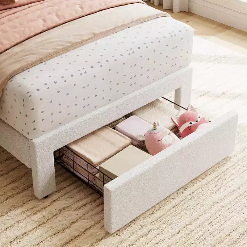 Cadre de lit double avec tiroir de rangement et tête de lit, plateforme de lit double tapissée en velours pour filles, support robuste à lattes en bois, sans bruit