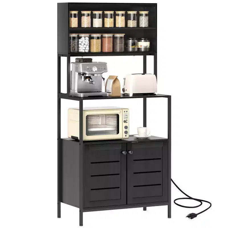 HOMCOM Baker's Rack with Power Outlet, Coffee Bar Cabinet with Storage Shelves, Microwave Stand with Louvred Door Cabinets, Black
