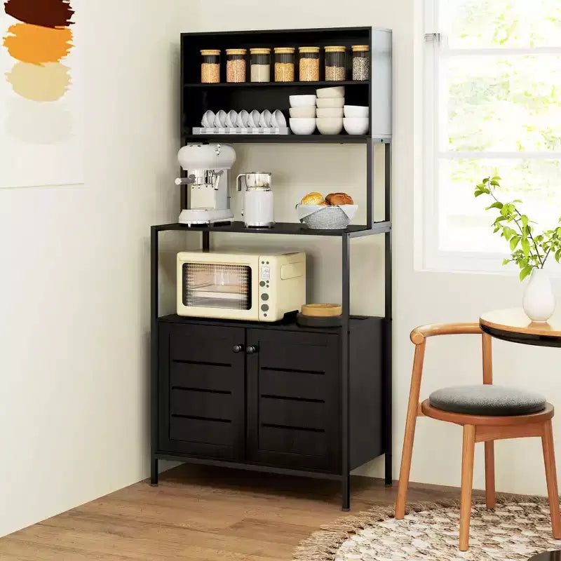 Meuble de cuisine HOMCOM avec prise électrique, meuble de bar à café avec étagères de rangement, support pour micro-ondes avec portes persiennes, noir