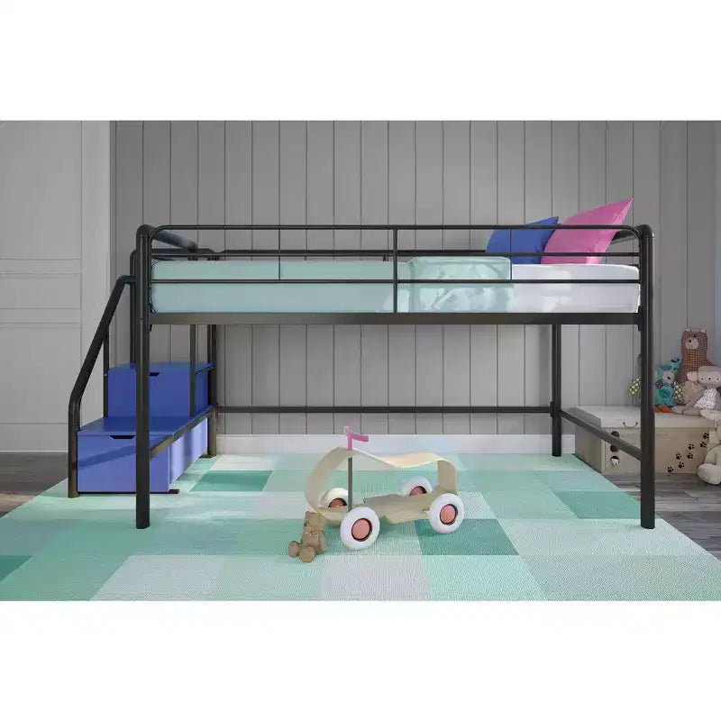 Lit mezzanine double en métal DHP Sol Junior avec marches de rangement