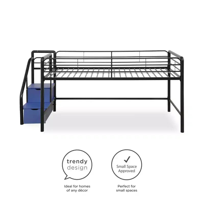 Lit mezzanine double en métal DHP Sol Junior avec marches de rangement