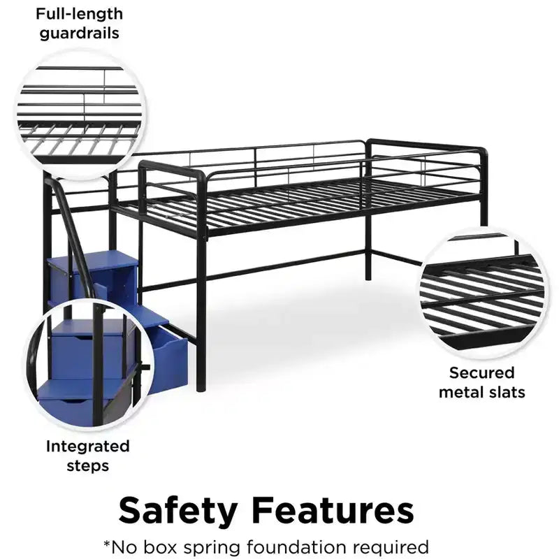 Lit mezzanine double en métal DHP Sol Junior avec marches de rangement