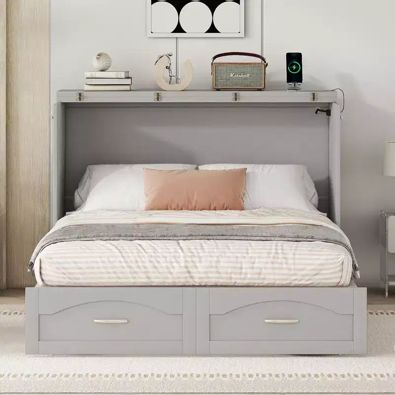 Whisen Pulley Structure Design Murphy Bed, Folded into a Cabinet with Drawer and USB Ports