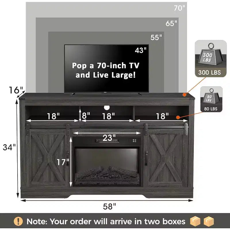 Meuble TV Heynemo Farmhouse pour cheminée de 23 pouces, meuble de divertissement de 34 pouces de haut pour téléviseur de plus de 65 pouces, console TV avec porte coulissante de grange (sans cheminée)