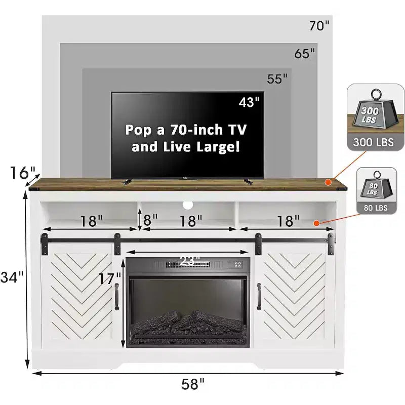 Meuble TV Heynemo Farmhouse pour cheminée de 23 pouces, meuble de divertissement de 34 pouces de haut pour téléviseur de plus de 65 pouces, console TV avec porte coulissante de grange (sans cheminée)