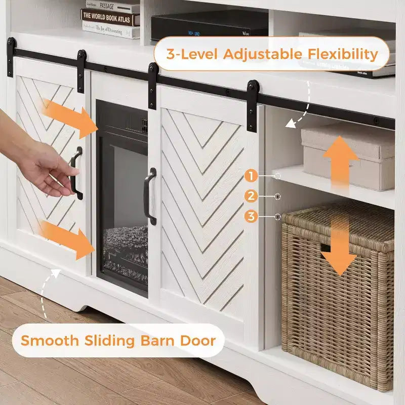 Meuble TV Heynemo Farmhouse pour cheminée de 23 pouces, meuble de divertissement de 34 pouces de haut pour téléviseur de plus de 65 pouces, console TV avec porte coulissante de grange (sans cheminée)