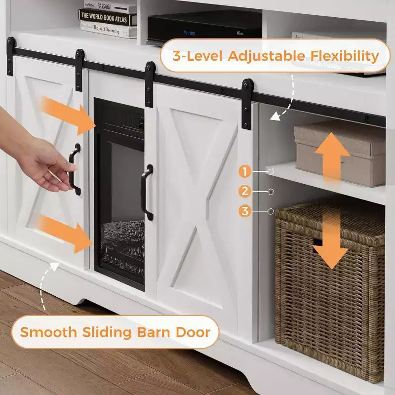 Meuble TV Heynemo Farmhouse pour cheminée de 23 pouces, meuble de divertissement de 34 pouces de haut pour téléviseur de plus de 65 pouces, console TV avec porte coulissante de grange (sans cheminée)