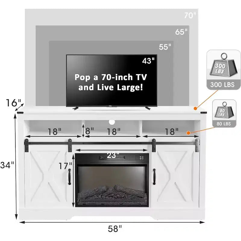 Meuble TV Heynemo Farmhouse pour cheminée de 23 pouces, meuble de divertissement de 34 pouces de haut pour téléviseur de plus de 65 pouces, console TV avec porte coulissante de grange (sans cheminée)