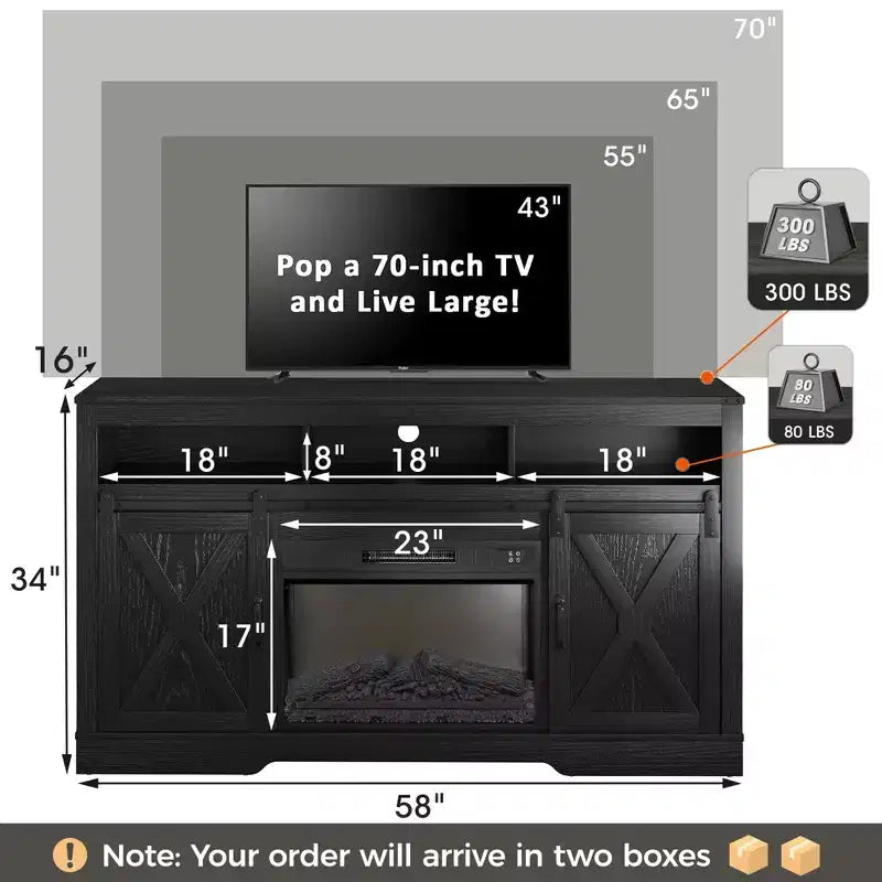 Meuble TV Heynemo Farmhouse pour cheminée de 23 pouces, meuble de divertissement de 34 pouces de haut pour téléviseur de plus de 65 pouces, console TV avec porte coulissante de grange (sans cheminée)