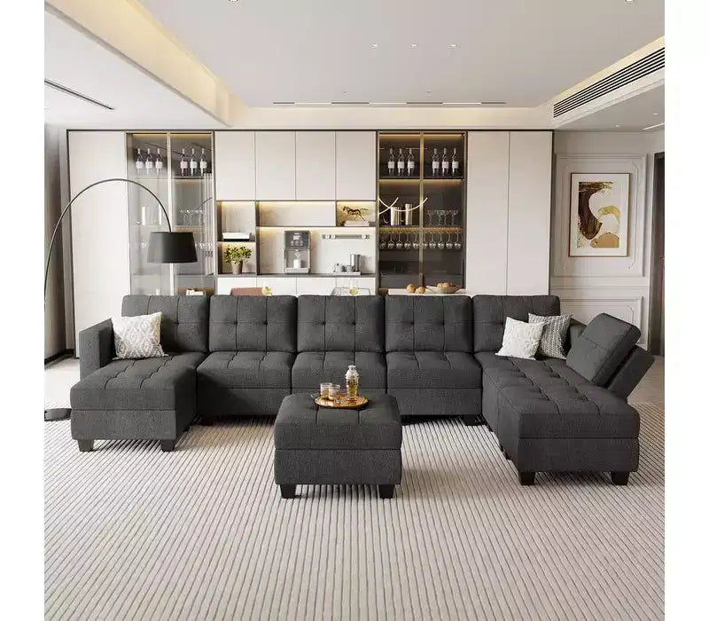Canapé modulaire tressé Belffin avec assise de rangement et pouf (8 places + 8 côtés)