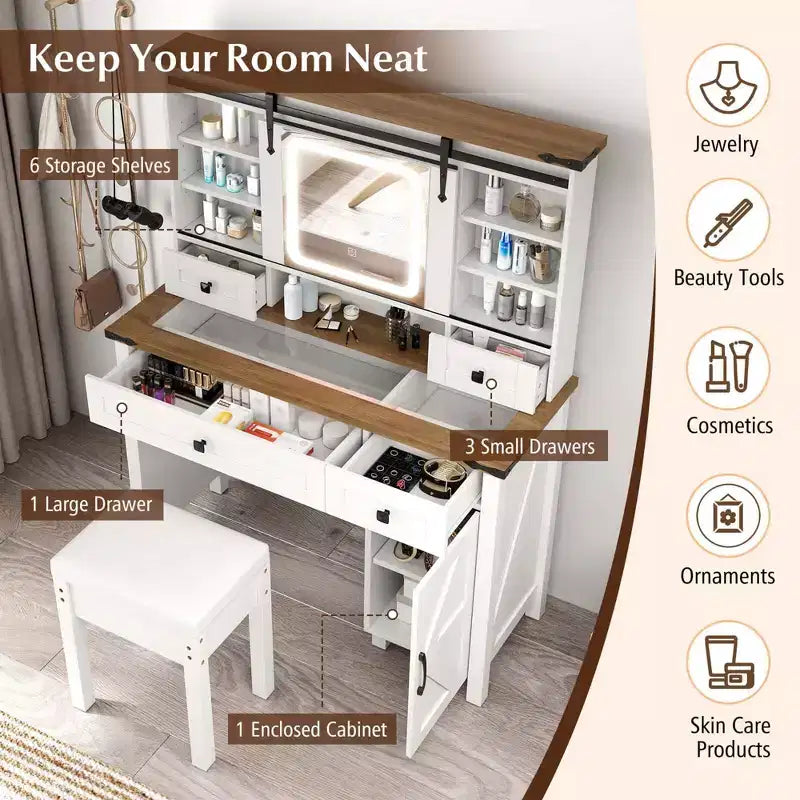 Coiffeuse de ferme Costway avec miroir coulissant et 3 modes d'éclairage