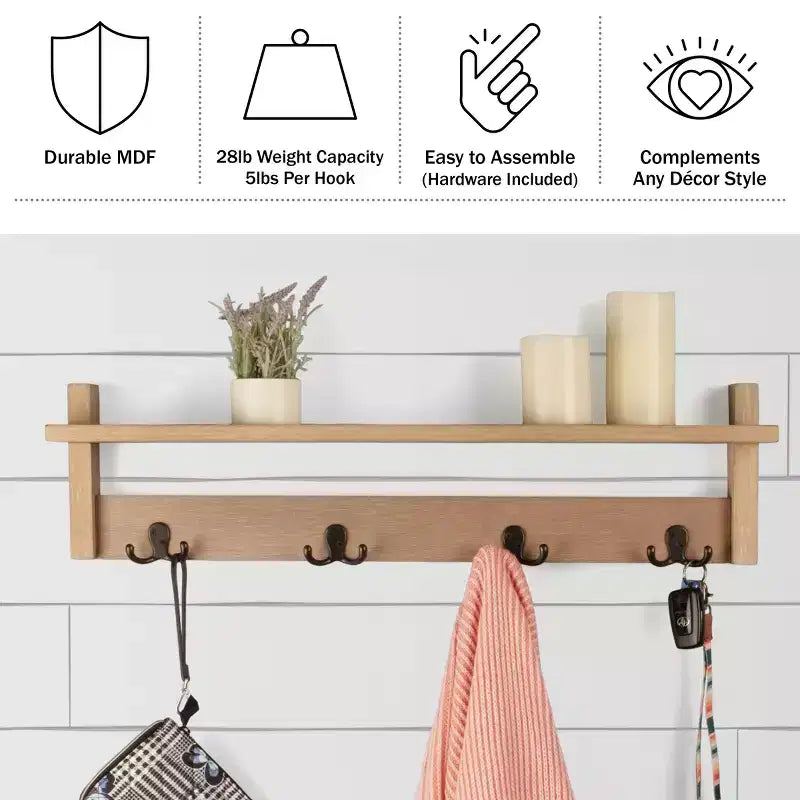 Porte-manteau avec étagère, étagère murale avec 4 crochets pour entrée, vestiaire ou couloir