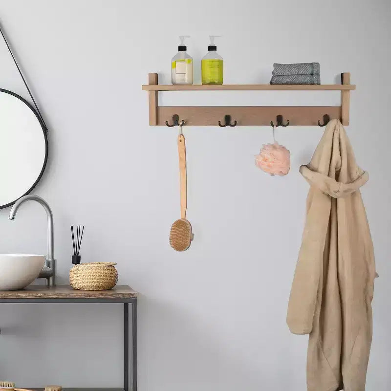 Porte-manteau avec étagère, étagère murale avec 4 crochets pour entrée, vestiaire ou couloir