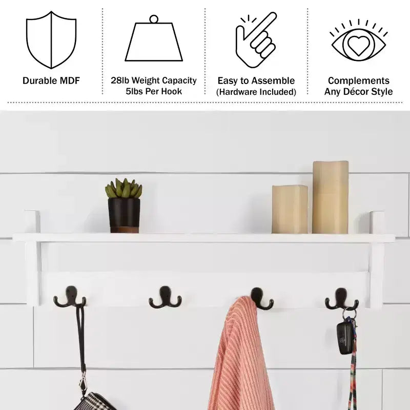 Porte-manteau avec étagère, étagère murale avec 4 crochets pour entrée, vestiaire ou couloir