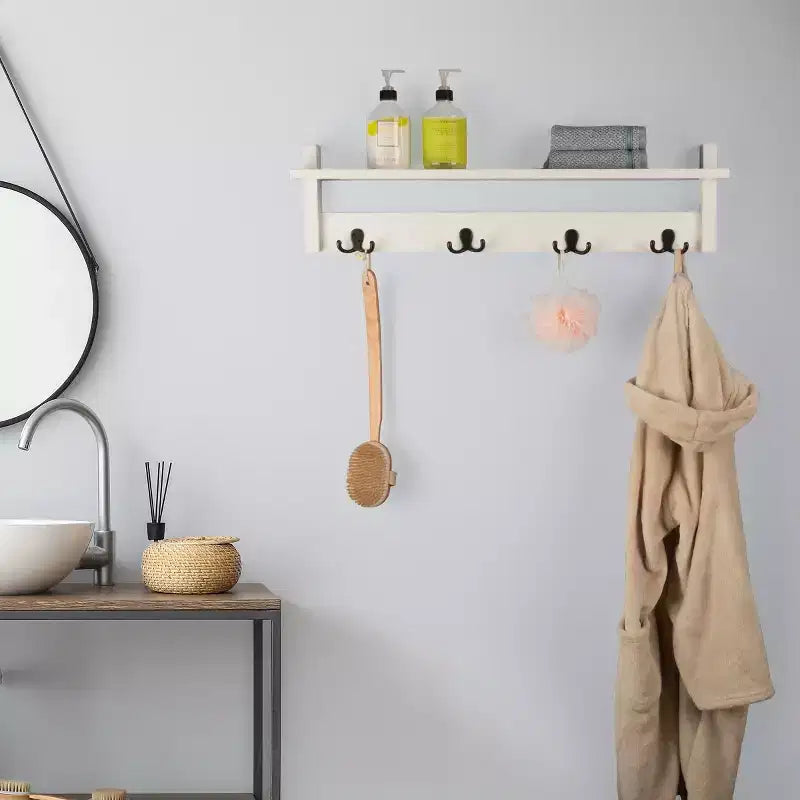 Porte-manteau avec étagère, étagère murale avec 4 crochets pour entrée, vestiaire ou couloir