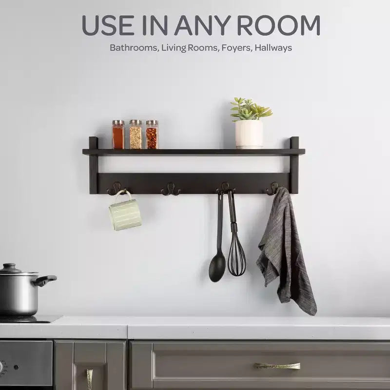 Porte-manteau avec étagère, étagère murale avec 4 crochets pour entrée, vestiaire ou couloir