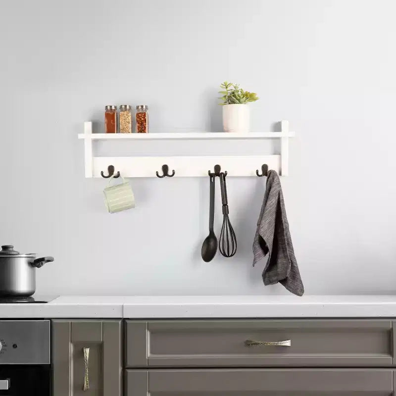 Porte-manteau avec étagère, étagère murale avec 4 crochets pour entrée, vestiaire ou couloir