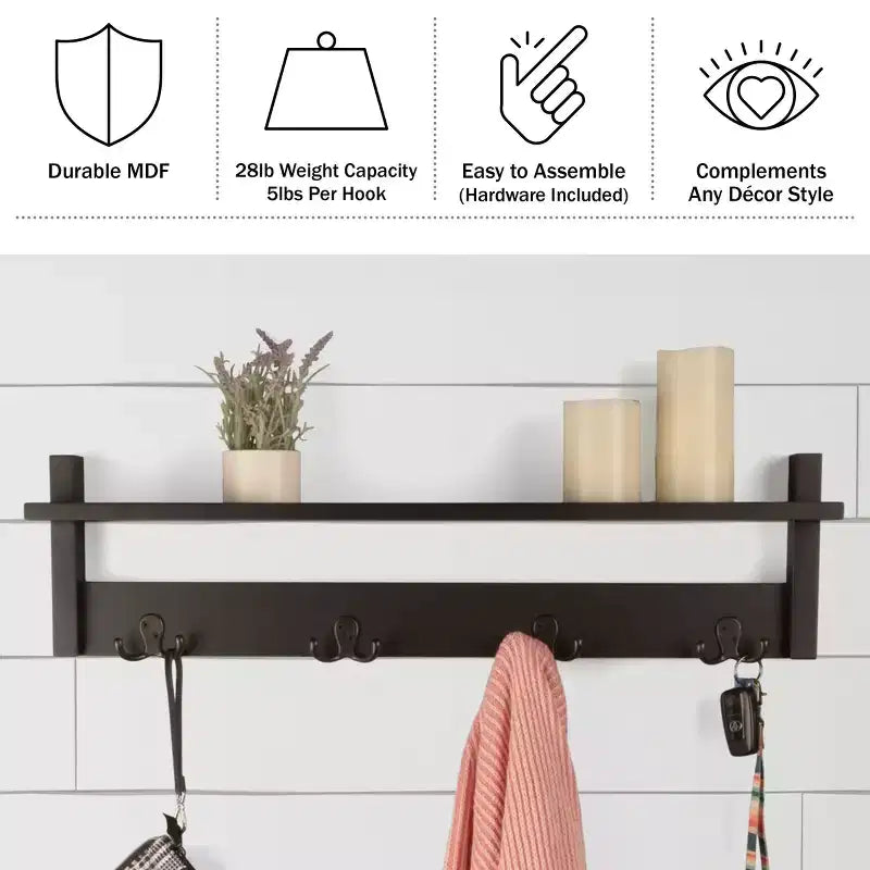 Porte-manteau avec étagère, étagère murale avec 4 crochets pour entrée, vestiaire ou couloir