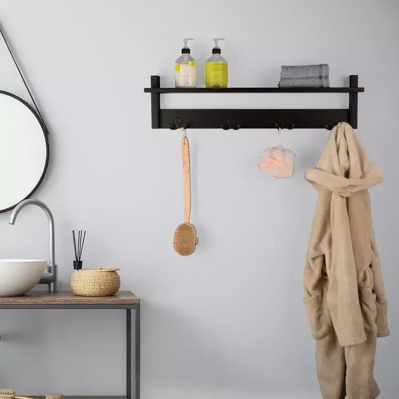 Porte-manteau avec étagère, étagère murale avec 4 crochets pour entrée, vestiaire ou couloir
