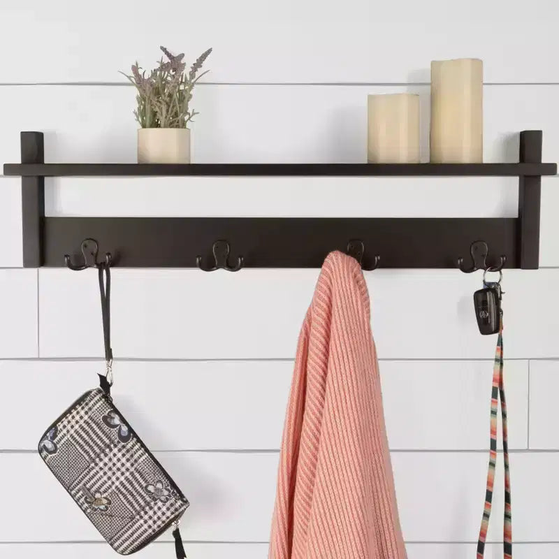 Coat Rack with Shelf, Wall Mount Shelf with 4 Hooks for Entryway, Mudroom or Hallway