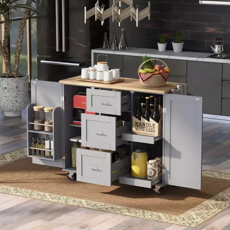 Meuble de cuisine à roulettes blanc de 127 cm de long avec plan de travail en bois d'hévéa, 3 tiroirs et 2 étagères coulissantes