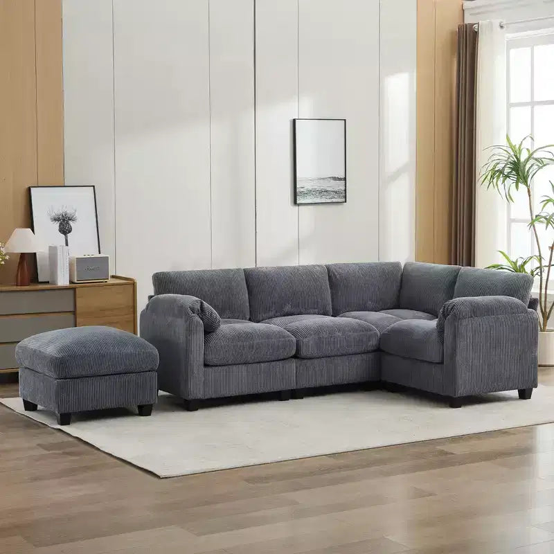 Canapé sectionnel modulaire en velours côtelé avec pouf mobile, canapé rembourré confortable en forme de U avec coussin d'assise à deux couches pour le salon