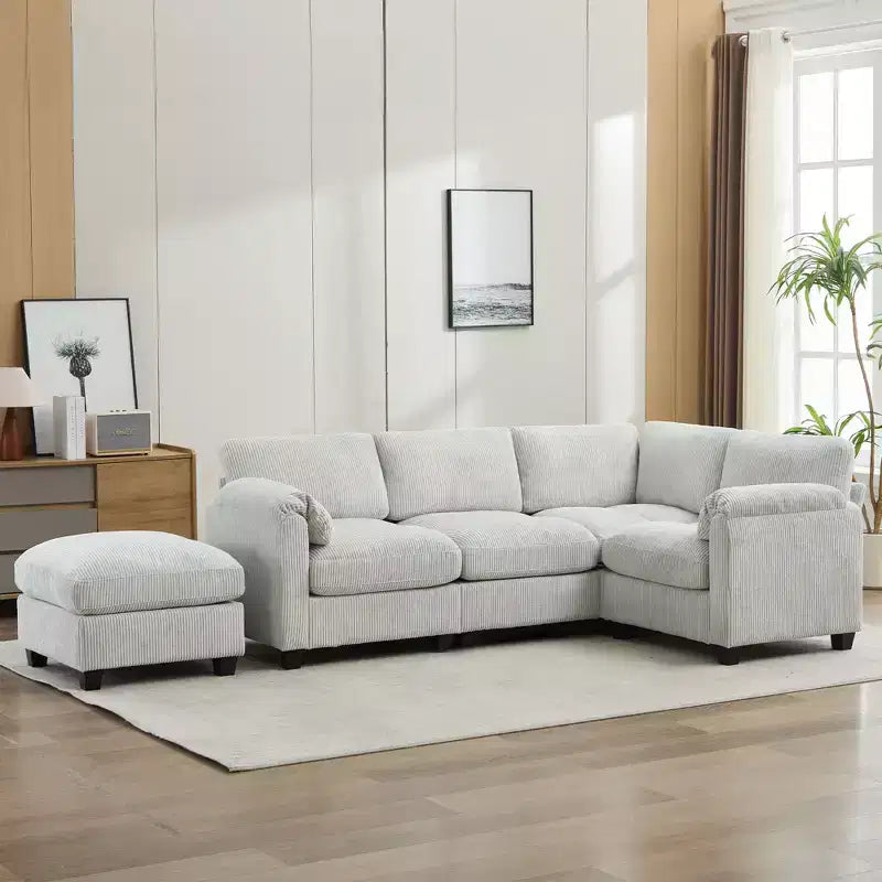 Canapé sectionnel modulaire en velours côtelé avec pouf mobile, canapé rembourré confortable en forme de U avec coussin d'assise à deux couches pour le salon