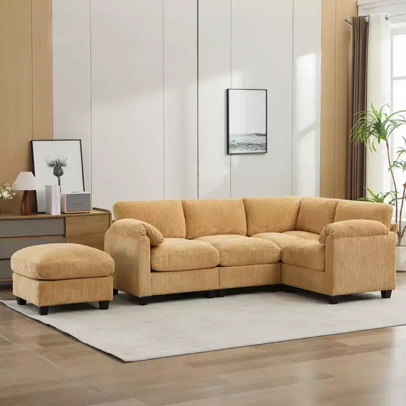 Canapé sectionnel modulaire en velours côtelé avec pouf mobile, canapé rembourré confortable en forme de U avec coussin d'assise à deux couches pour le salon