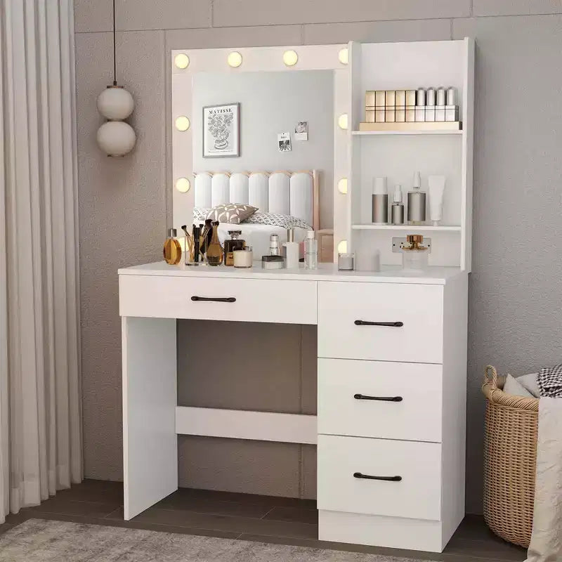 Coiffeuse Costway avec miroir et lumières, station de charge, lumières LED 3 couleurs Blanc/Noir