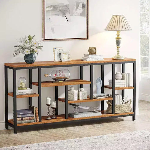 Table console extra longue de 179,98 cm derrière le canapé avec étagères de rangement, table d'appoint étroite moderne à 6 niveaux pour entrée/couloir