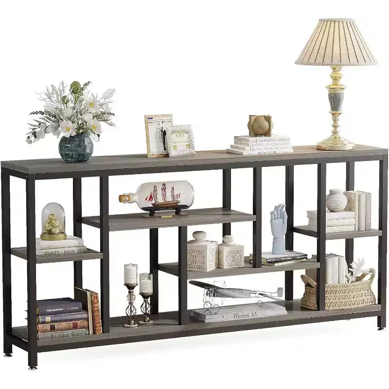 Table console extra longue de 179,98 cm derrière le canapé avec étagères de rangement, table d'appoint étroite moderne à 6 niveaux pour entrée/couloir