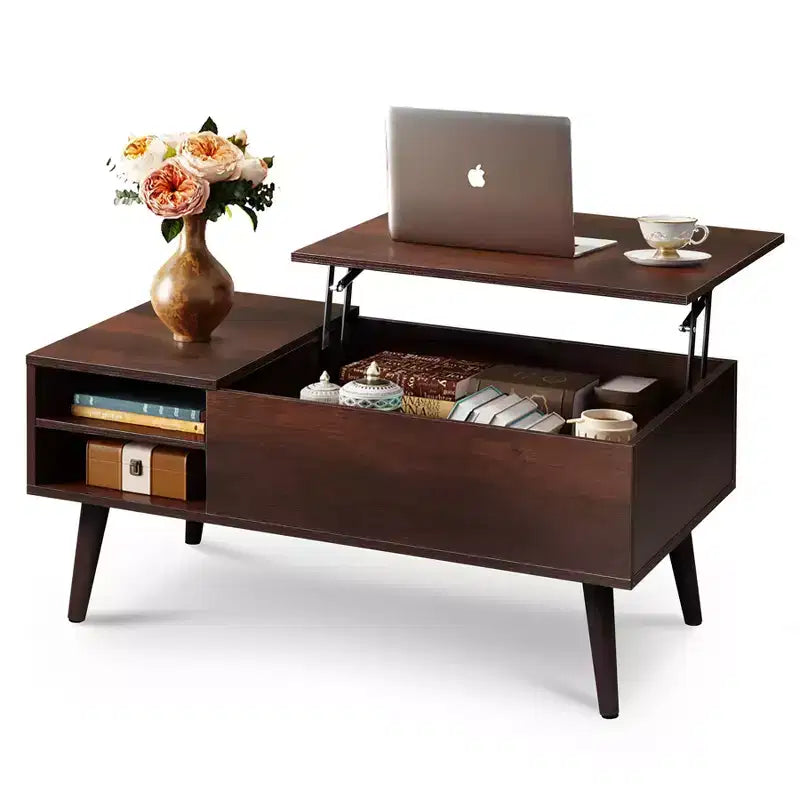 Table basse relevable GALAXHERO pour salon, petite table basse avec rangement, compartiment caché et étagère réglable, style milieu de siècle moderne
