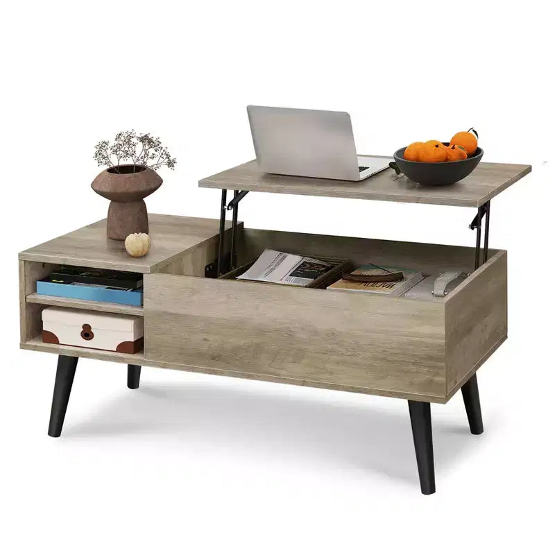 Table basse relevable GALAXHERO pour salon, petite table basse avec rangement, compartiment caché et étagère réglable, style milieu de siècle moderne