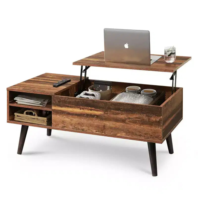 Table basse relevable GALAXHERO pour salon, petite table basse avec rangement, compartiment caché et étagère réglable, style milieu de siècle moderne