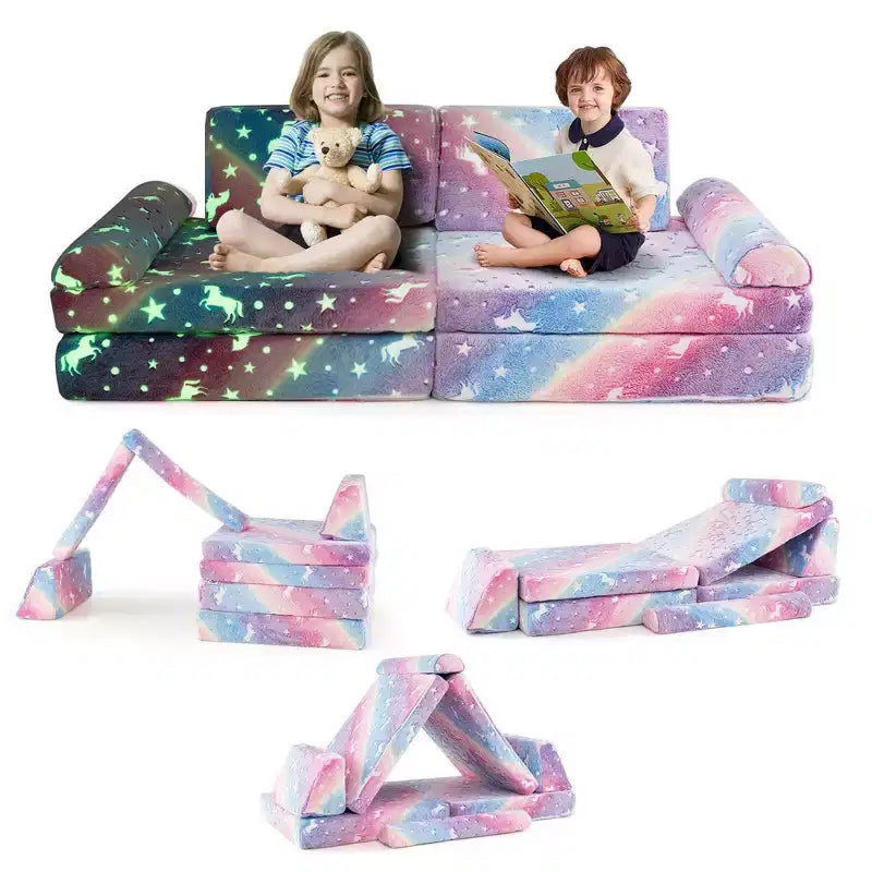 Canapé de jeu modulaire Costway 8 pièces pour enfants avec poignées Housse lavable en machine pour construire une forteresse Gris/Multicolore