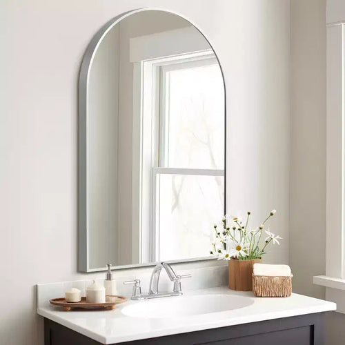 36x24 Arched Bathroom Mirror with Aluminum Alloy Metal Frame, HD Wall Mounted Hanging Vanity Mirror for Bedroom Living Room Entryway, Silver