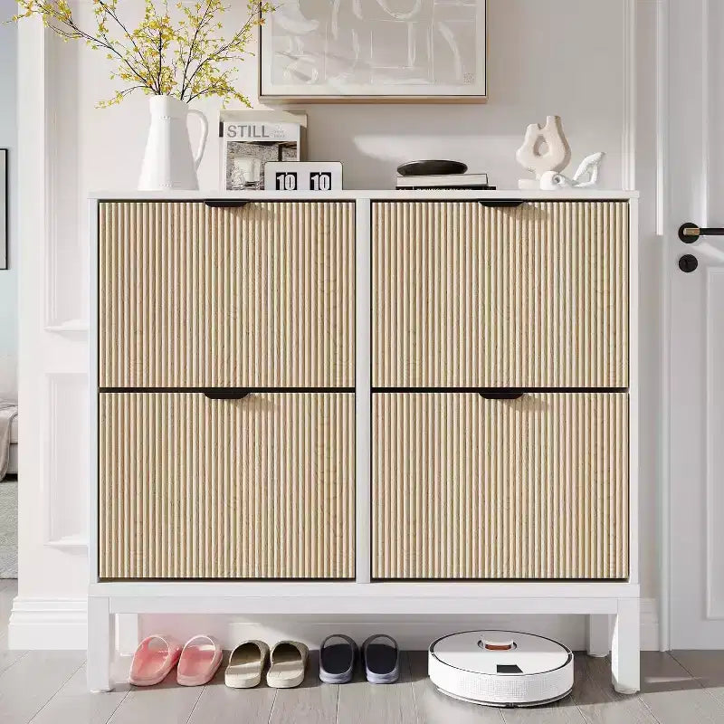 Meuble à chaussures avec 4 tiroirs basculants, Organisateur de chaussures mince cannelé, Porte-chaussures étroit dissimulé