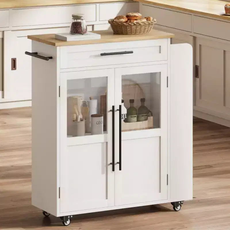 Îlot de cuisine 24, chariot de cuisine rétro avec porte-épices et porte-serviettes, table îlot avec porte d'armoire en verre, panneau composite en bois, pour la cuisine