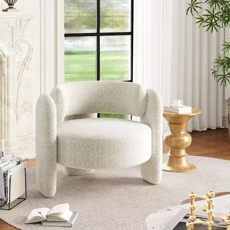 Fauteuil d'appoint rond moderne, capacité 150 kg, design à 3 pieds et revêtement en chenille (blanc/gris foncé) pour salon, bureau, chambre