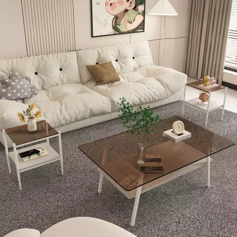 Coffee Table and End tables Set of 3, Tempered Glass Table with MDF layer, Modern Tables for Living Room , Brown Glass
