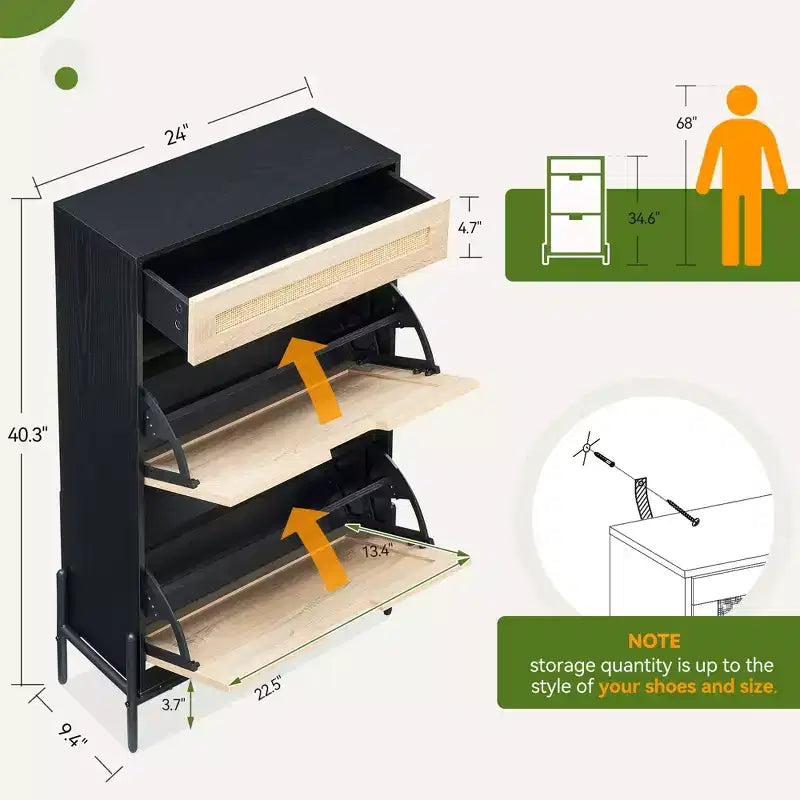Meuble à chaussures 2 tiroirs basculants avec 1 tiroir, meuble à chaussures en rotin avec pieds en métal, armoire à chaussures étroite autoportante pour entrée