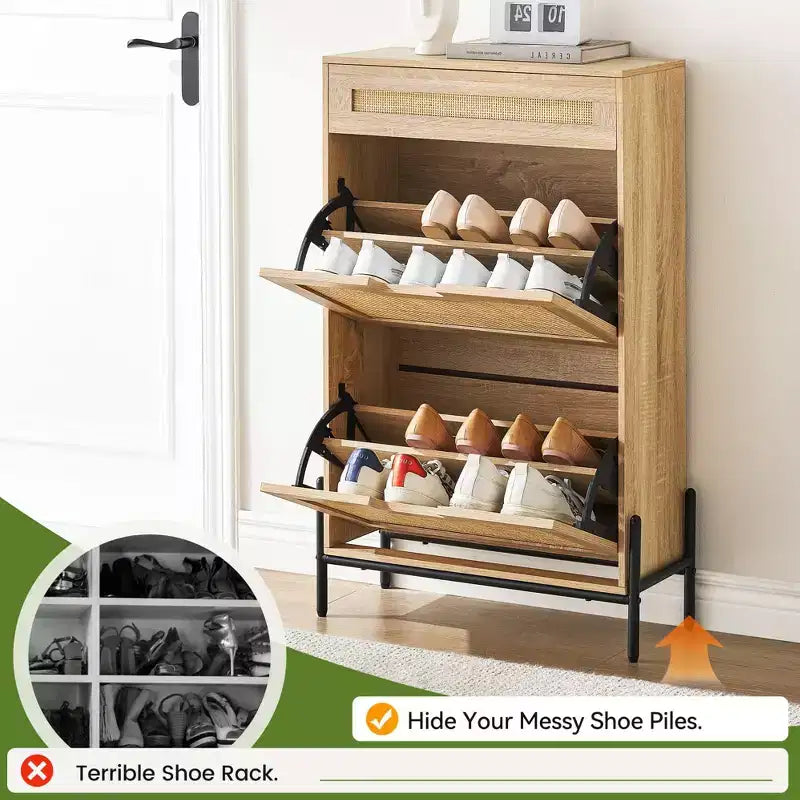 Meuble à chaussures 2 tiroirs basculants avec 1 tiroir, meuble à chaussures en rotin avec pieds en métal, armoire à chaussures étroite autoportante pour entrée