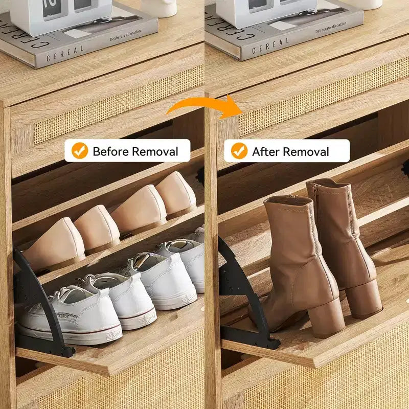 Meuble à chaussures 2 tiroirs basculants avec 1 tiroir, meuble à chaussures en rotin avec pieds en métal, armoire à chaussures étroite autoportante pour entrée