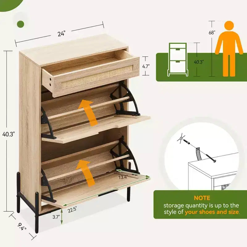 Meuble à chaussures 2 tiroirs basculants avec 1 tiroir, meuble à chaussures en rotin avec pieds en métal, armoire à chaussures étroite autoportante pour entrée
