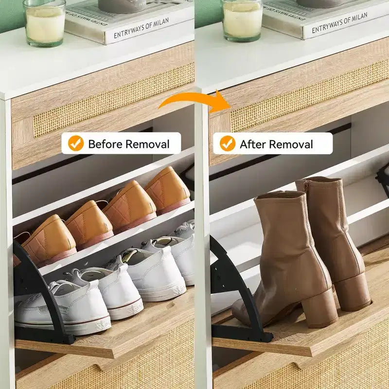 Meuble à chaussures 2 tiroirs basculants avec 1 tiroir, meuble à chaussures en rotin avec pieds en métal, armoire à chaussures étroite autoportante pour entrée