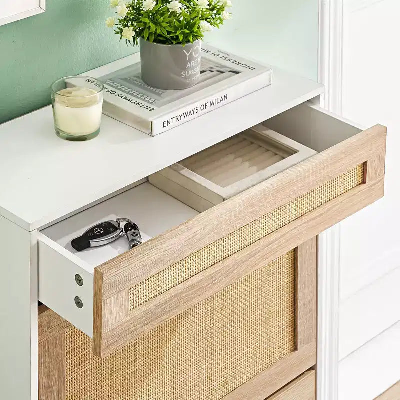 Meuble à chaussures 2 tiroirs basculants avec 1 tiroir, meuble à chaussures en rotin avec pieds en métal, armoire à chaussures étroite autoportante pour entrée