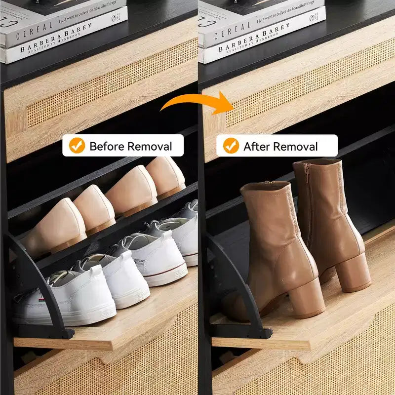 Meuble à chaussures 2 tiroirs basculants avec 1 tiroir, meuble à chaussures en rotin avec pieds en métal, armoire à chaussures étroite autoportante pour entrée