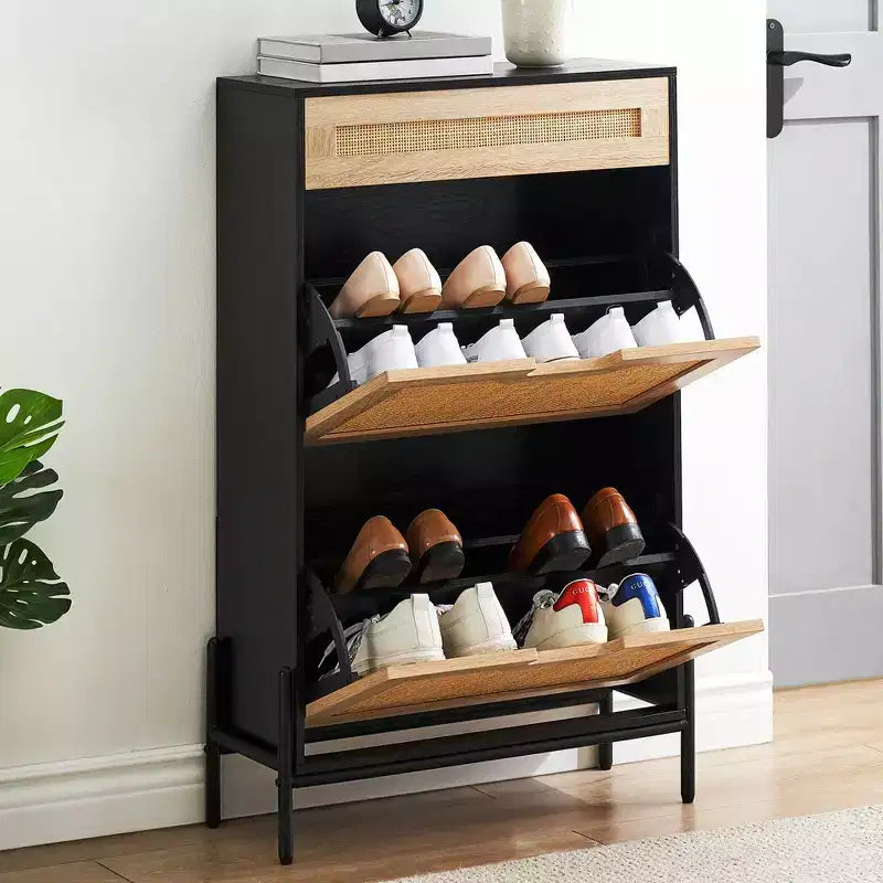 Meuble à chaussures 2 tiroirs basculants avec 1 tiroir, meuble à chaussures en rotin avec pieds en métal, armoire à chaussures étroite autoportante pour entrée
