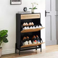 2 Flip Drawers Shoe Storage Cabinet with 1 Drawer, Rattan Shoe Organizer with Metal Legs, Freestanding Narrow Shoe Rack Cabinet for Entryway